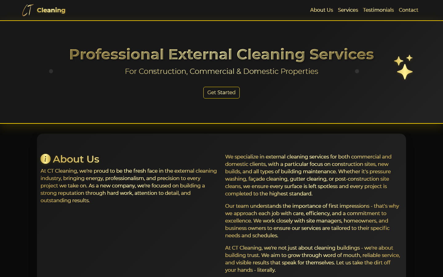 CT Cleaning website homepage with a black and gold theme