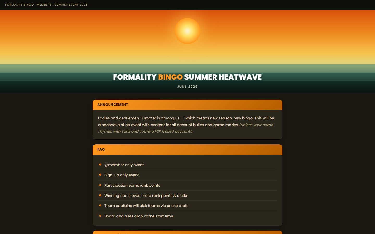 OSRS Bingo event landing page with a summer sunset banner, announcement and FAQ