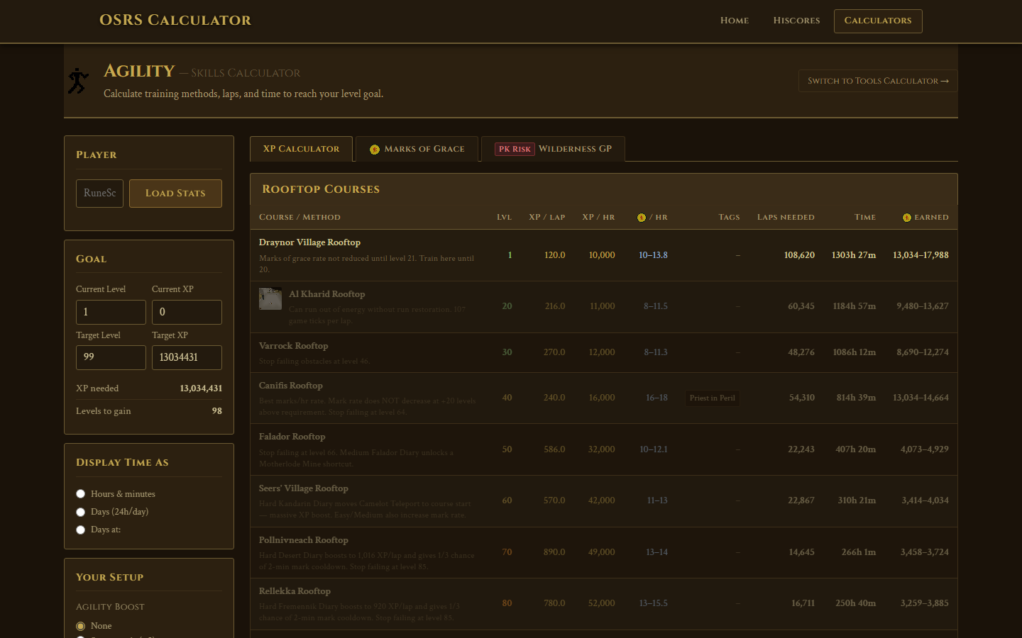 OSRS Toolkit agility calculator listing rooftop courses with XP, laps needed and time to target level